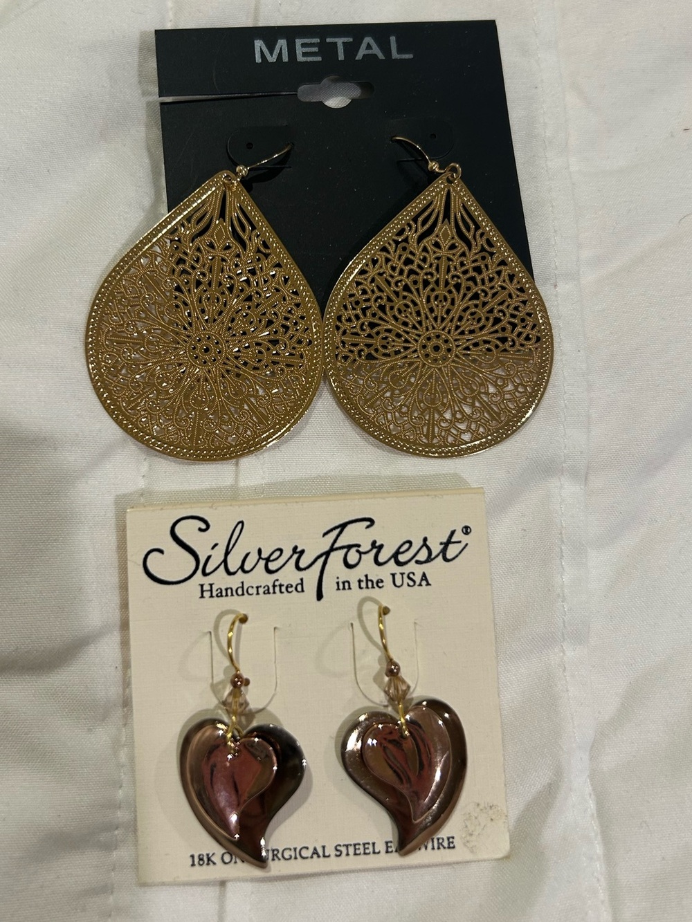 Two earring set - Gold Filigree Teardrop and Brown Heart Drop Earrings